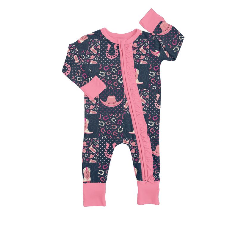 LR0683 Boots Cowboy Hat Pink Lace Zipper Long Sleeve Bodysuit