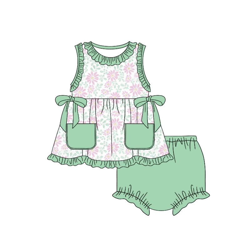 GBO0292 Floral green lace pocket bow sleeveless briefs suit