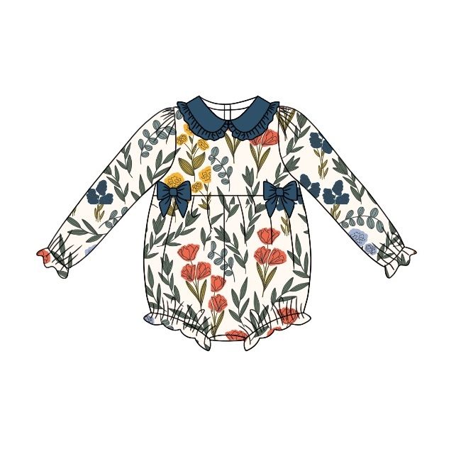 LR0697 Flower navy blue bow long-sleeved jumpsuit