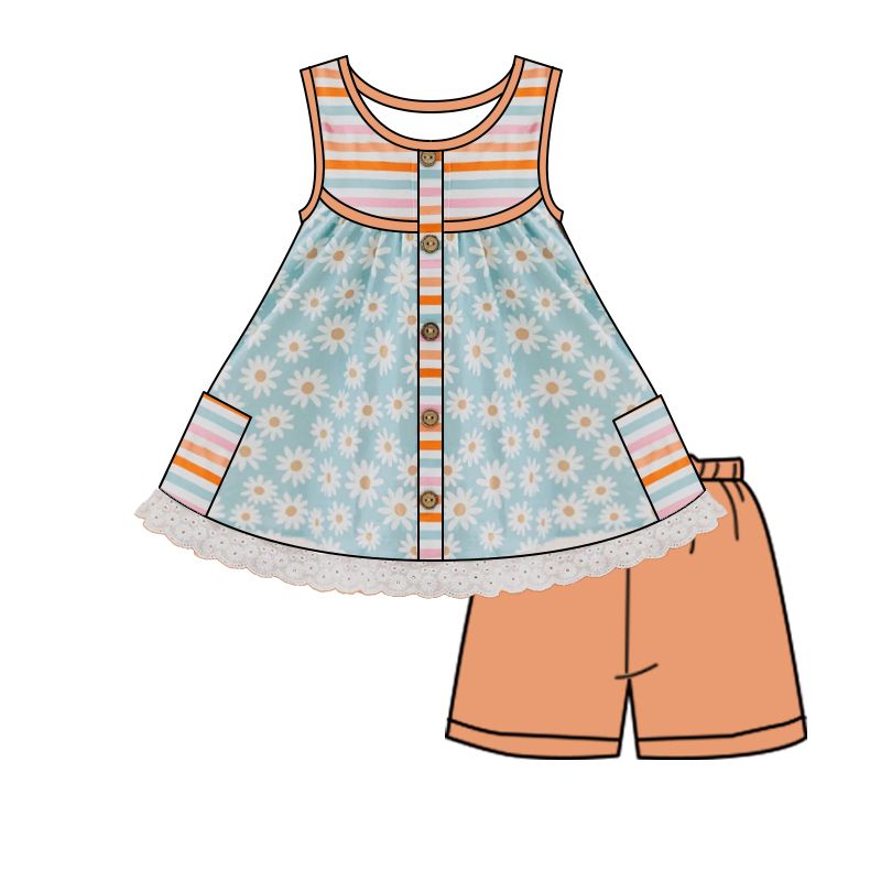 GSSO0403 Daisy Color Striped Lace Pocket Sleeveless Orange Shorts Set