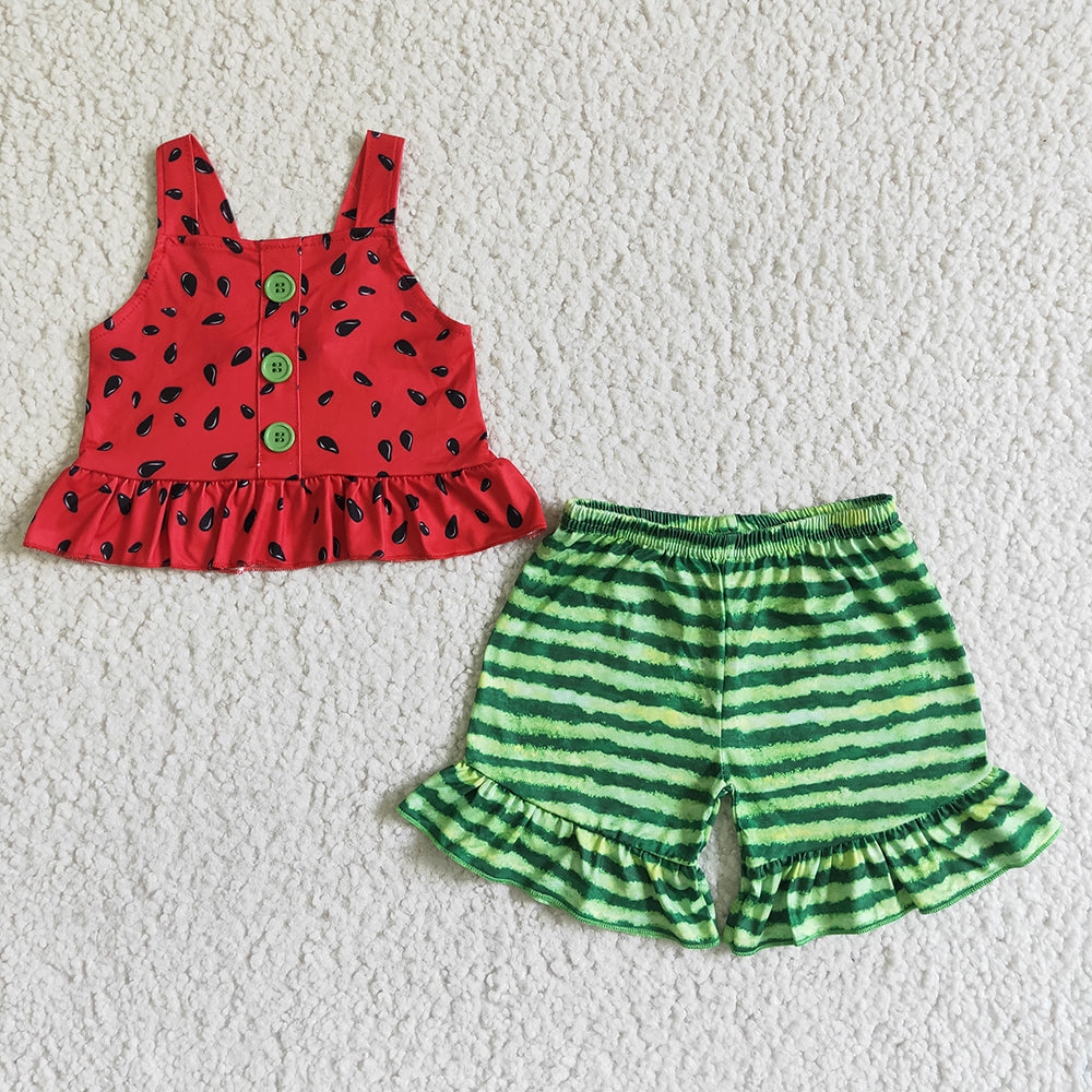 RTS NO MOQ B0-28 Watermelon Button Top Striped Shorts Set