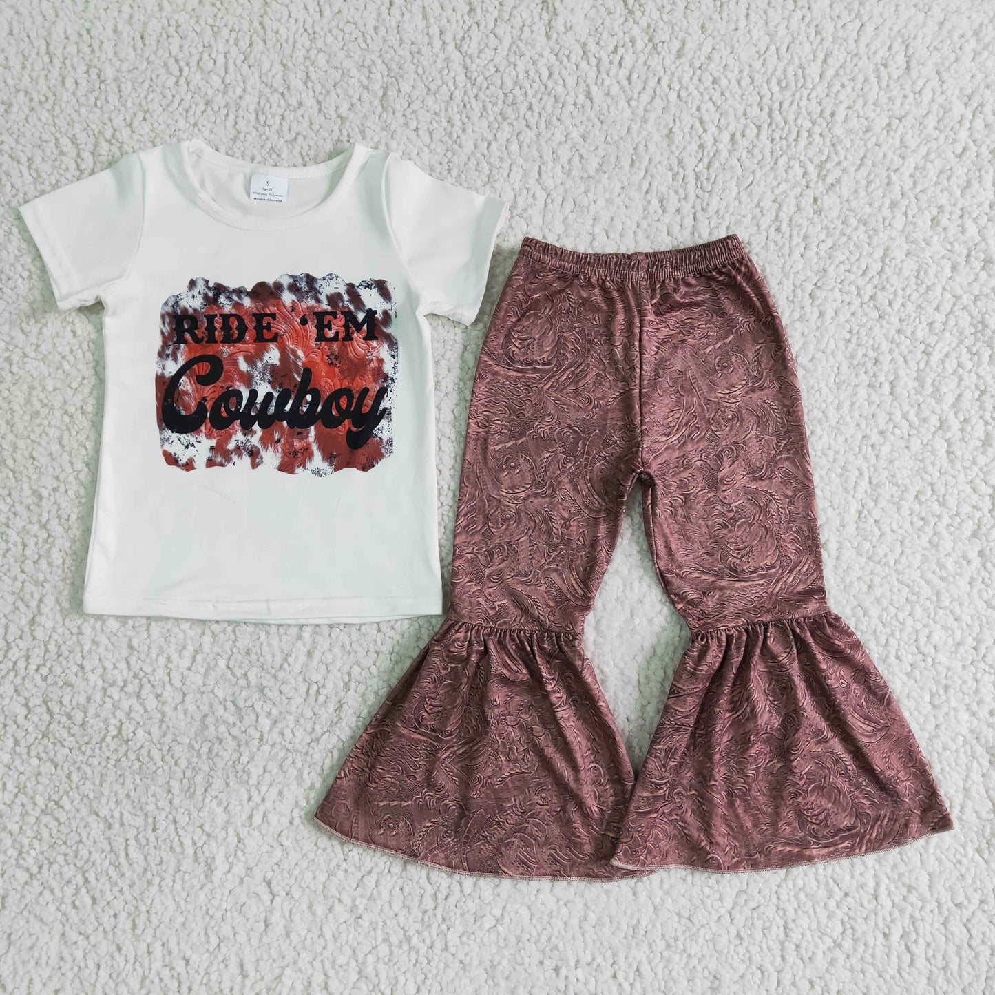 RTS NO MOQ B15-28 Cowboy White Short Sleeve Flared Pants Set