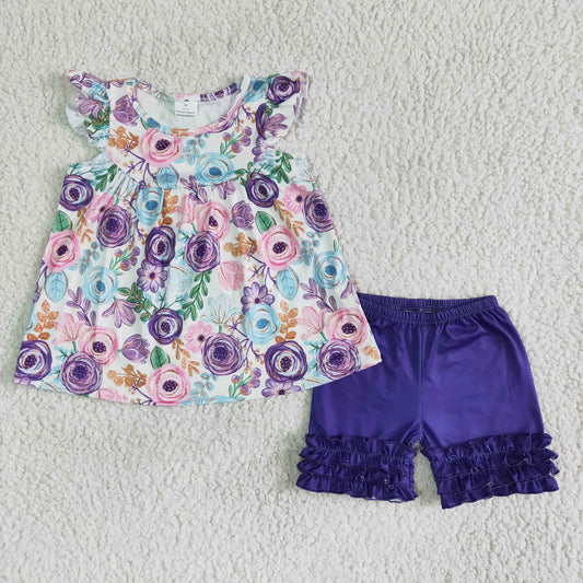 RTS NO MOQ  B17-27 Eye flower flying sleeve purple lace shorts