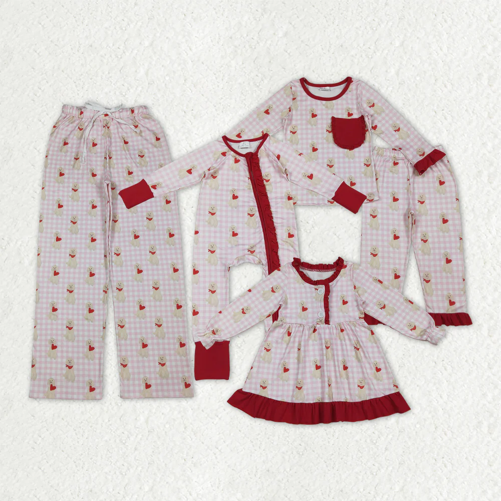 12/18m-7/8t RTS NO MOQ Sibling Baby girl clothes Valentine love long-sleeved trousers suit and dress and romper and adult pants