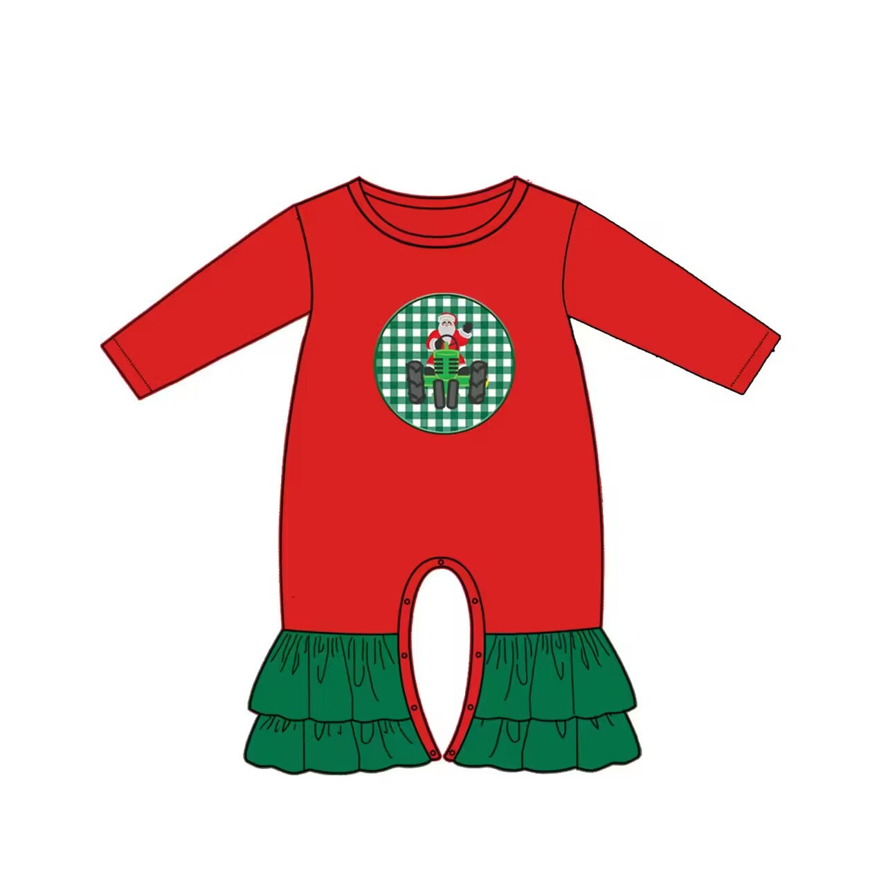 Custom moq 3 eta 6-8 weeks Red and green Santa Claus ruffled flared pants long romper