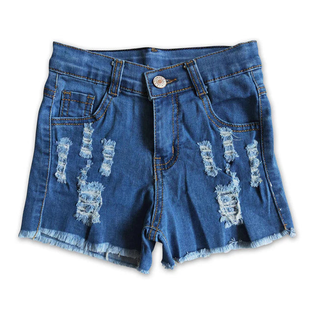 RTS NO MOQ milk silk GT0604+B6-2 Baby Girls White Concert Singer Short Sleeve Tee Shirts Tops navy distressed denim shorts Set