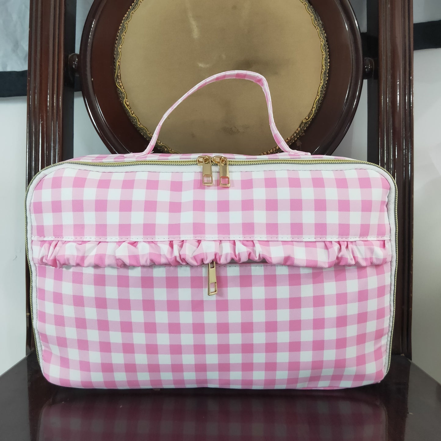 RTS NO MOQ baby girl clothes pink and white plaid Backpack and lunch box