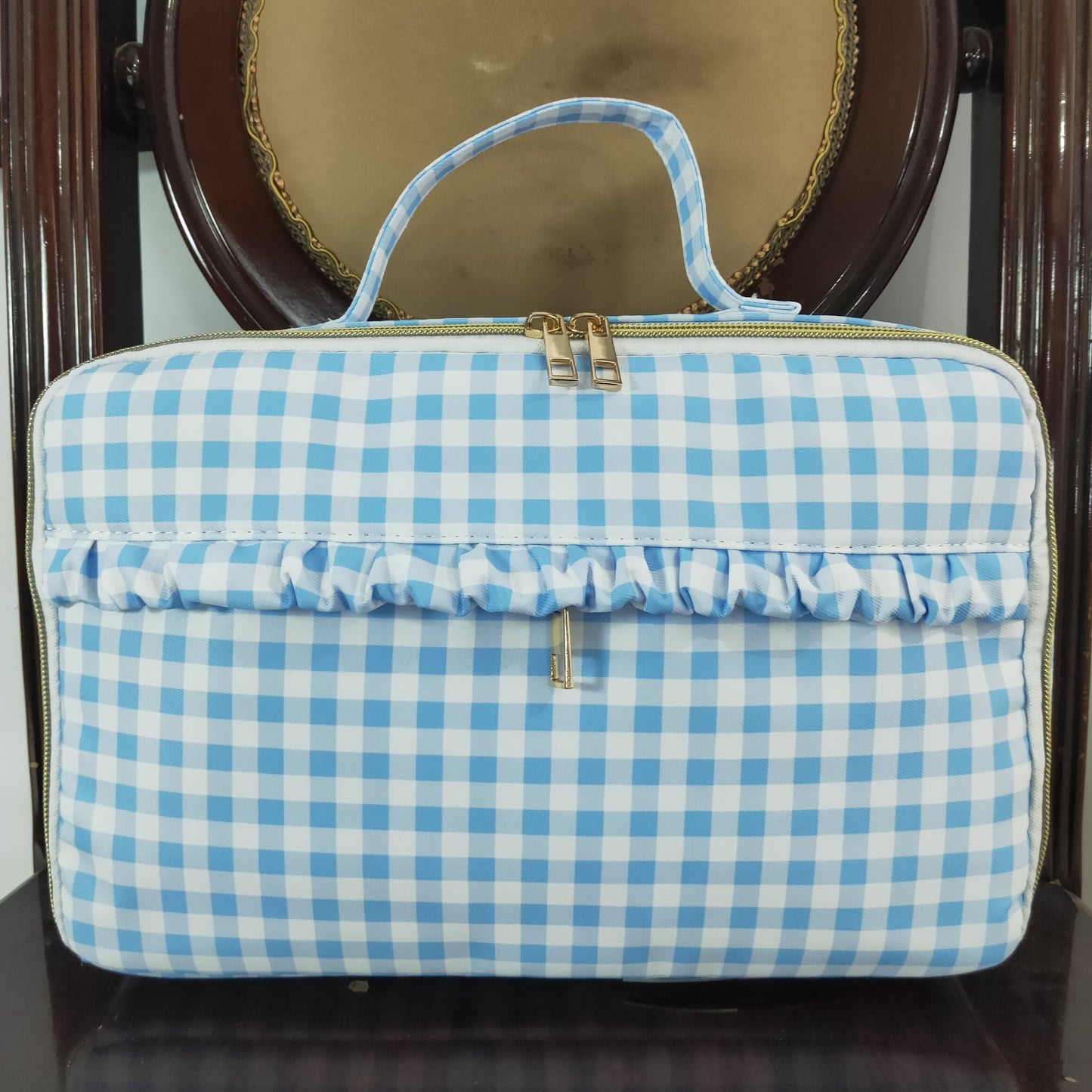 RTS NO MOQ baby girl clothes blue and white plaid Backpack and lunch box