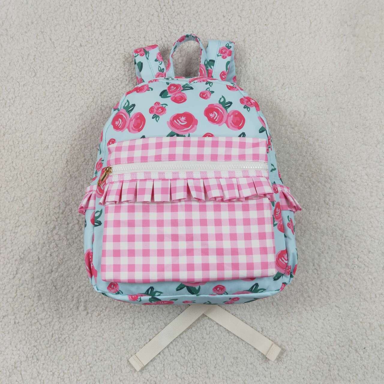 RTS NO MOQ milk silk BA0217 Baby Girls Cute Pink Flower Plaid Zip Back Backpack Bags