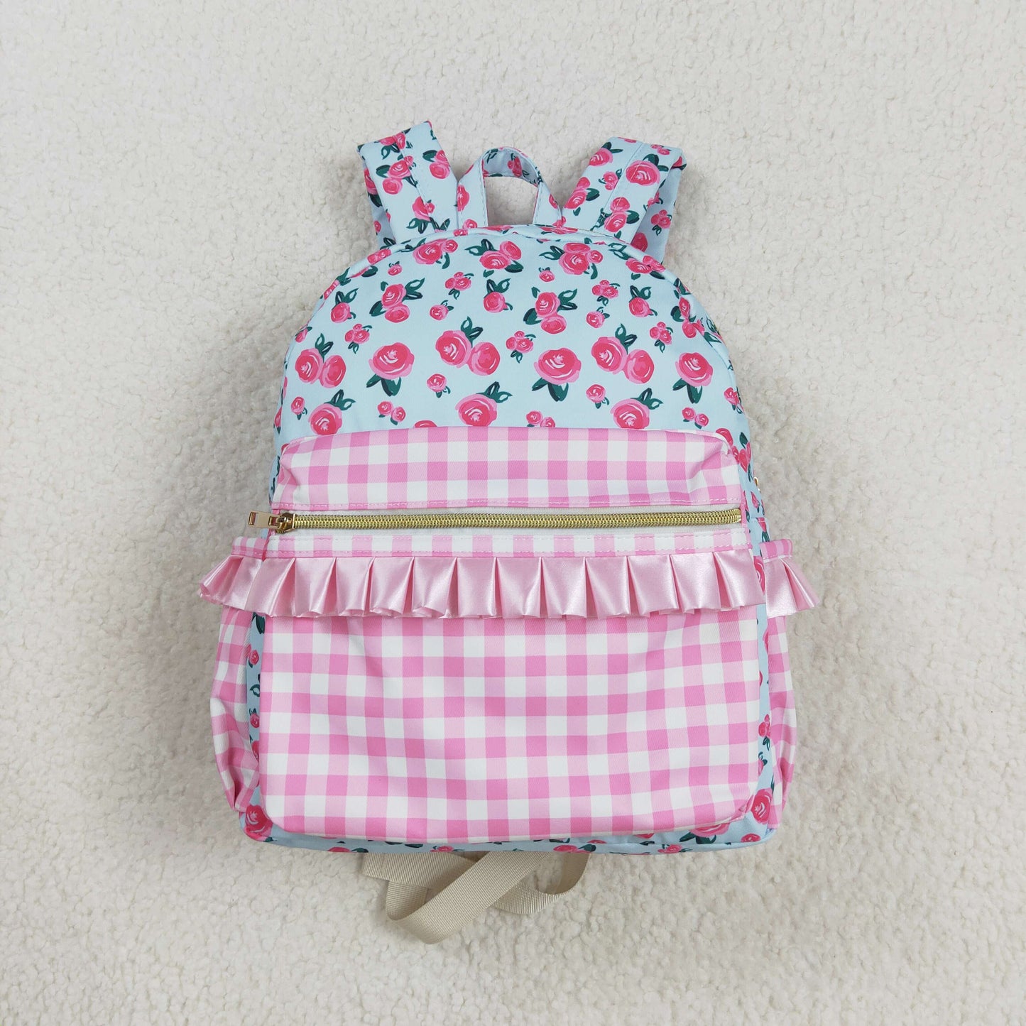 RTS NO MOQ milk silk BA0217 Baby Girls Cute Pink Flower Plaid Zip Back Backpack Bags