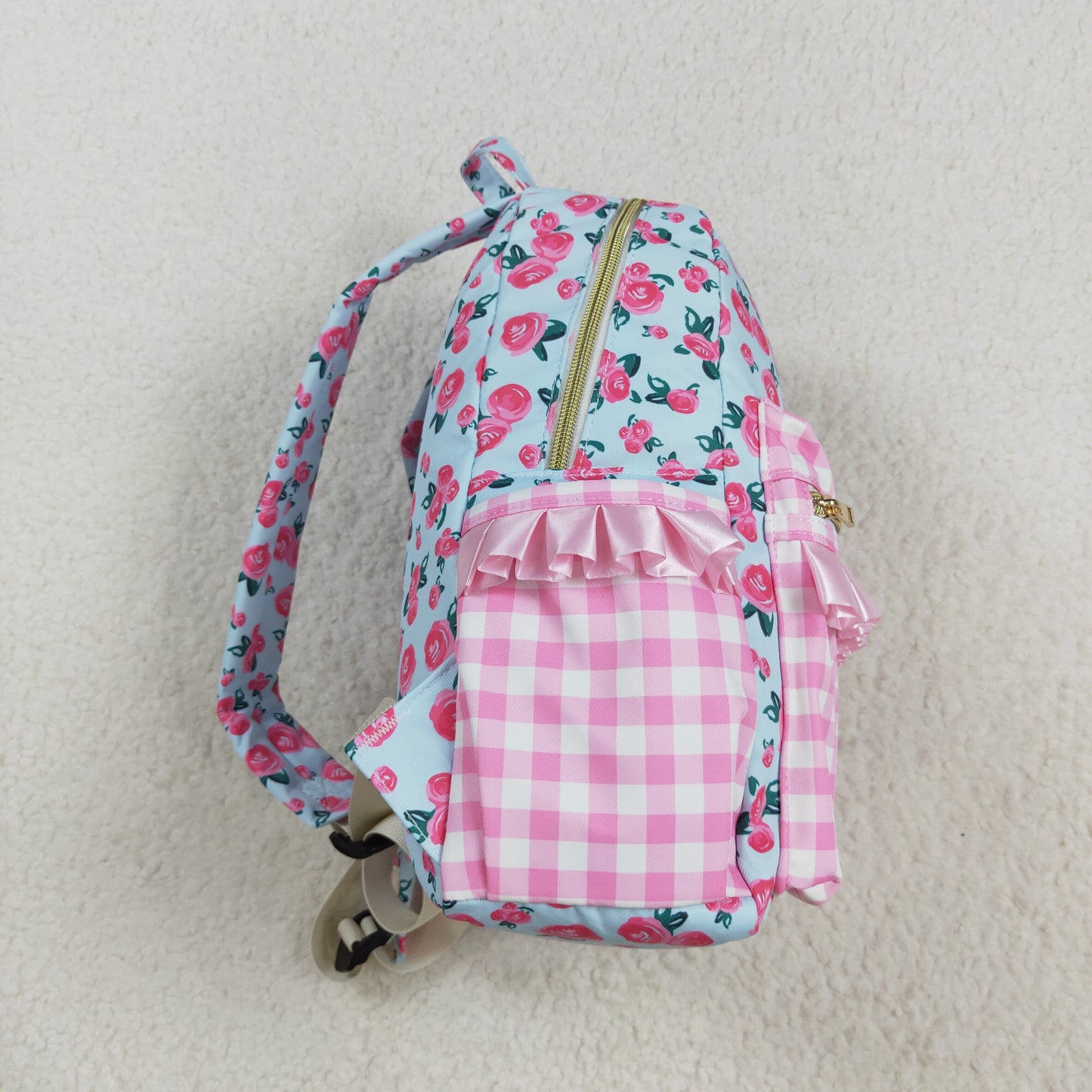 RTS NO MOQ milk silk BA0217 Baby Girls Cute Pink Flower Plaid Zip Back Backpack Bags