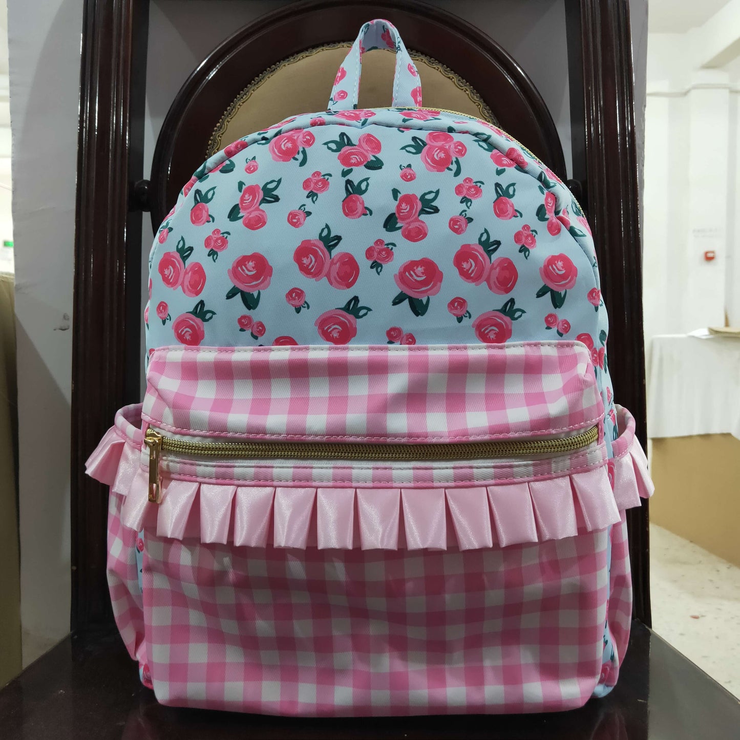 RTS NO MOQ milk silk BA0217 Baby Girls Cute Pink Flower Plaid Zip Back Backpack Bags