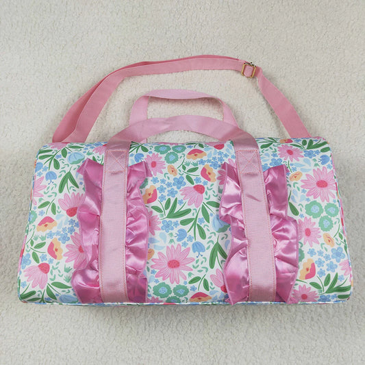 Best Sell RTS Children's Pink Ruffle Floral Print Gym Duffle Bag Kids Storage Organizer with Handles for Sports And Travel