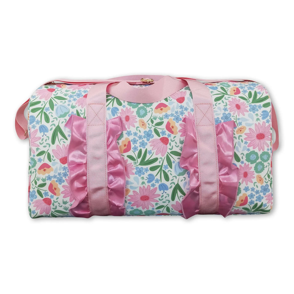 RTS NO MOQ Sibling Bags Adult Women Lavender Floral Butterfly Print Ruffle Trim Gym Bag