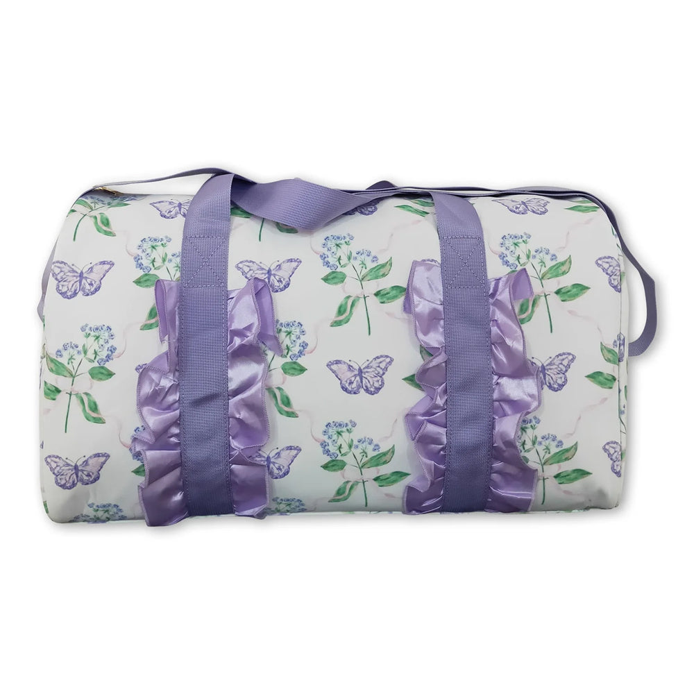 RTS NO MOQ Sibling Bags Adult Women Lavender Floral Butterfly Print Ruffle Trim Gym Bag