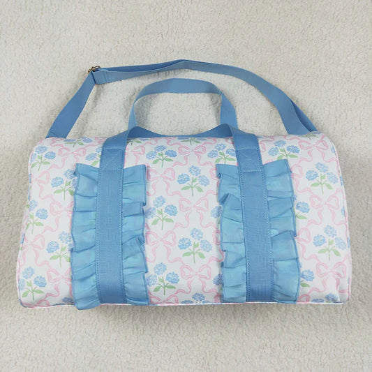 Best Sell RTS Children's Blue Ruffle Gym Duffle Bag with Pink Bows Plaid Floral Design for Girls Sports Travel Storage Bag