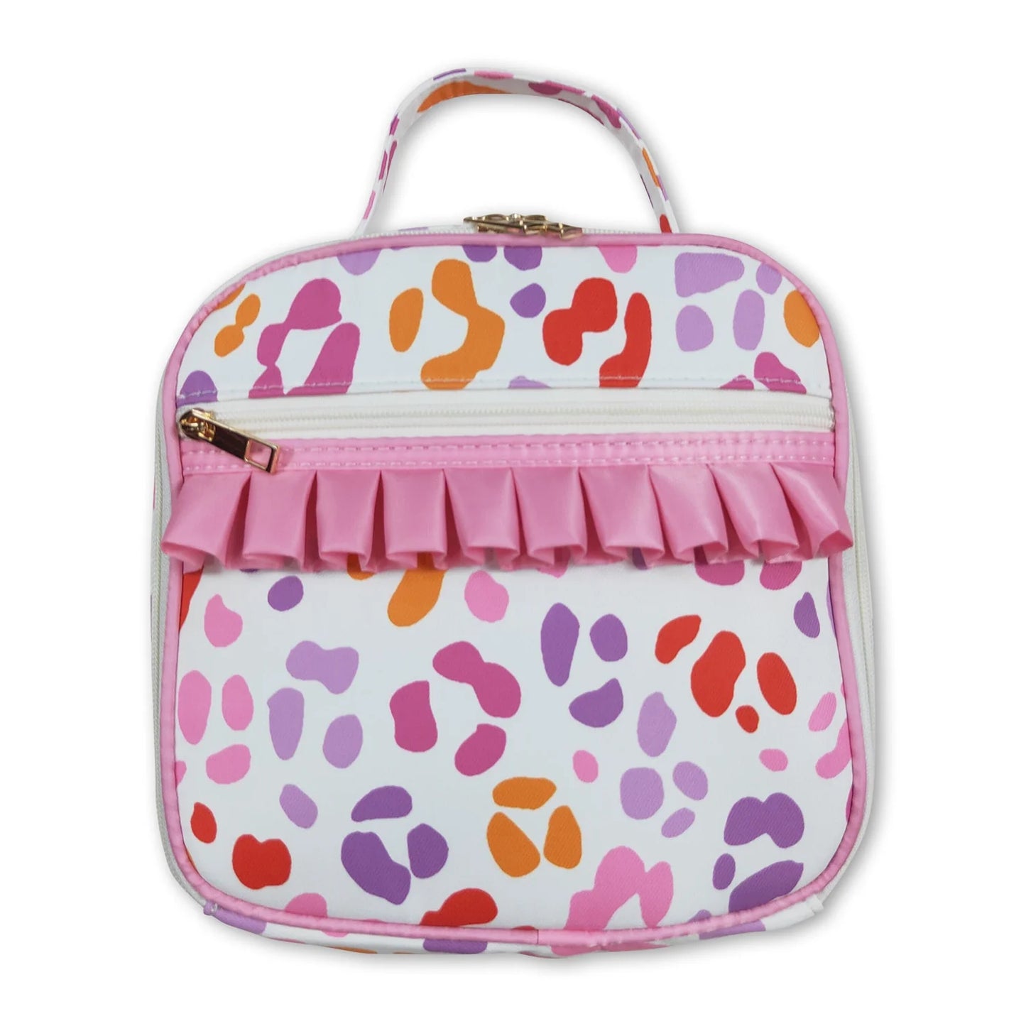 RTS NO MOQ Sibling milk silk Baby Kids Pink Leopard Ruffle Printed School Bag Lunch Box