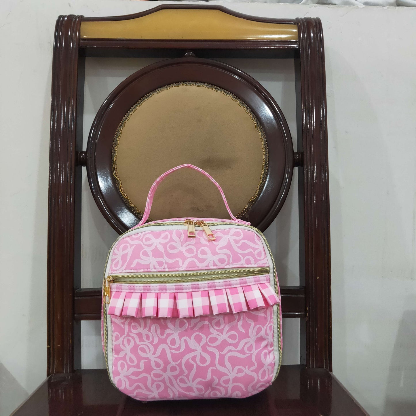 RTS NO MOQ（In Stock ) BA0310 Pink lunch bag with a plaid lace bow pattern