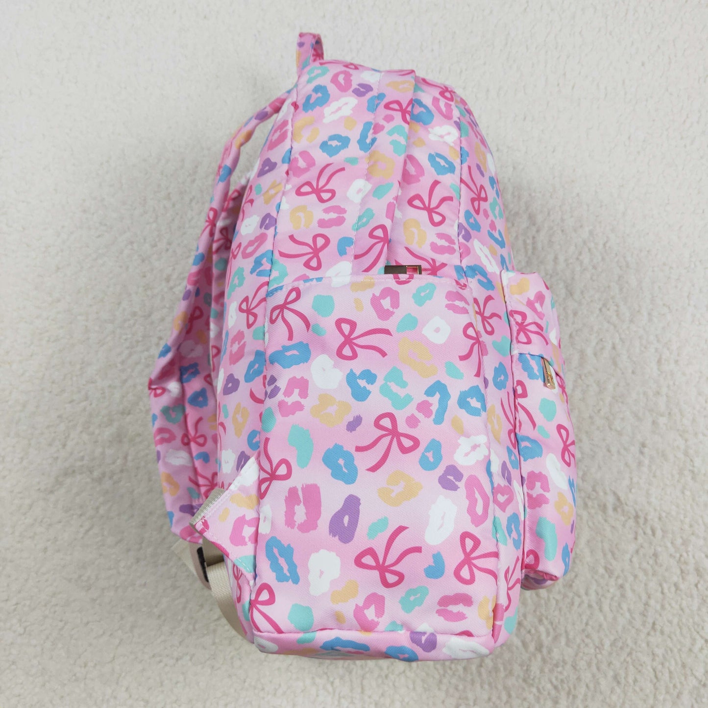 RTS NO MOQ（In Stock) BA0319 Pink backpack with a colorful leopard print bow pattern