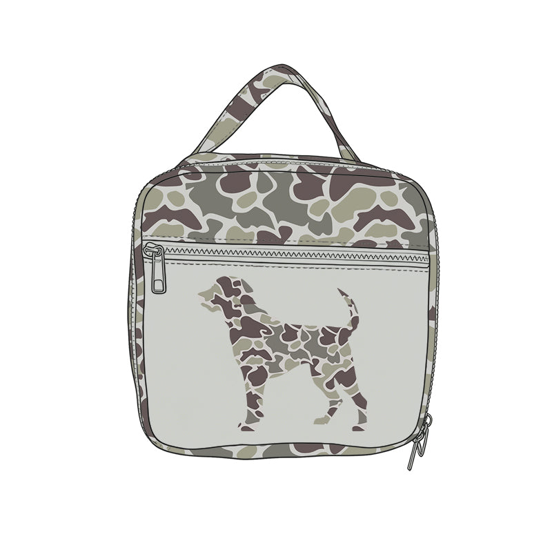 (Preorder new) No moq BA0398 Baby Grey Camo Dog Print Zipper Insulated Lunch Box