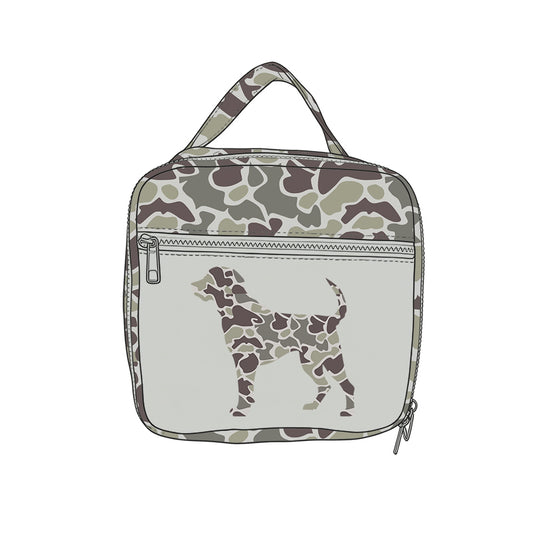 (Preorder new) No moq BA0398 Baby Grey Camo Dog Print Zipper Insulated Lunch Box