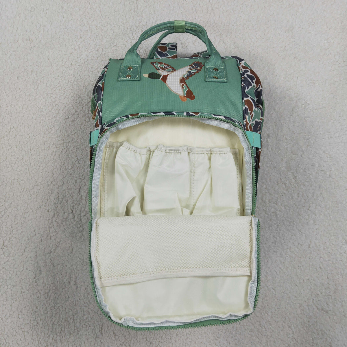 NEW RTS NO MOQ Bag BA0404 Embroidery Green Camo Embroidery Ducks Zipper Mommy Diaper Backpacks Bags