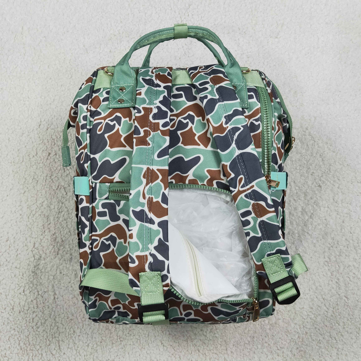 NEW RTS NO MOQ Bag BA0404 Embroidery Green Camo Embroidery Ducks Zipper Mommy Diaper Backpacks Bags