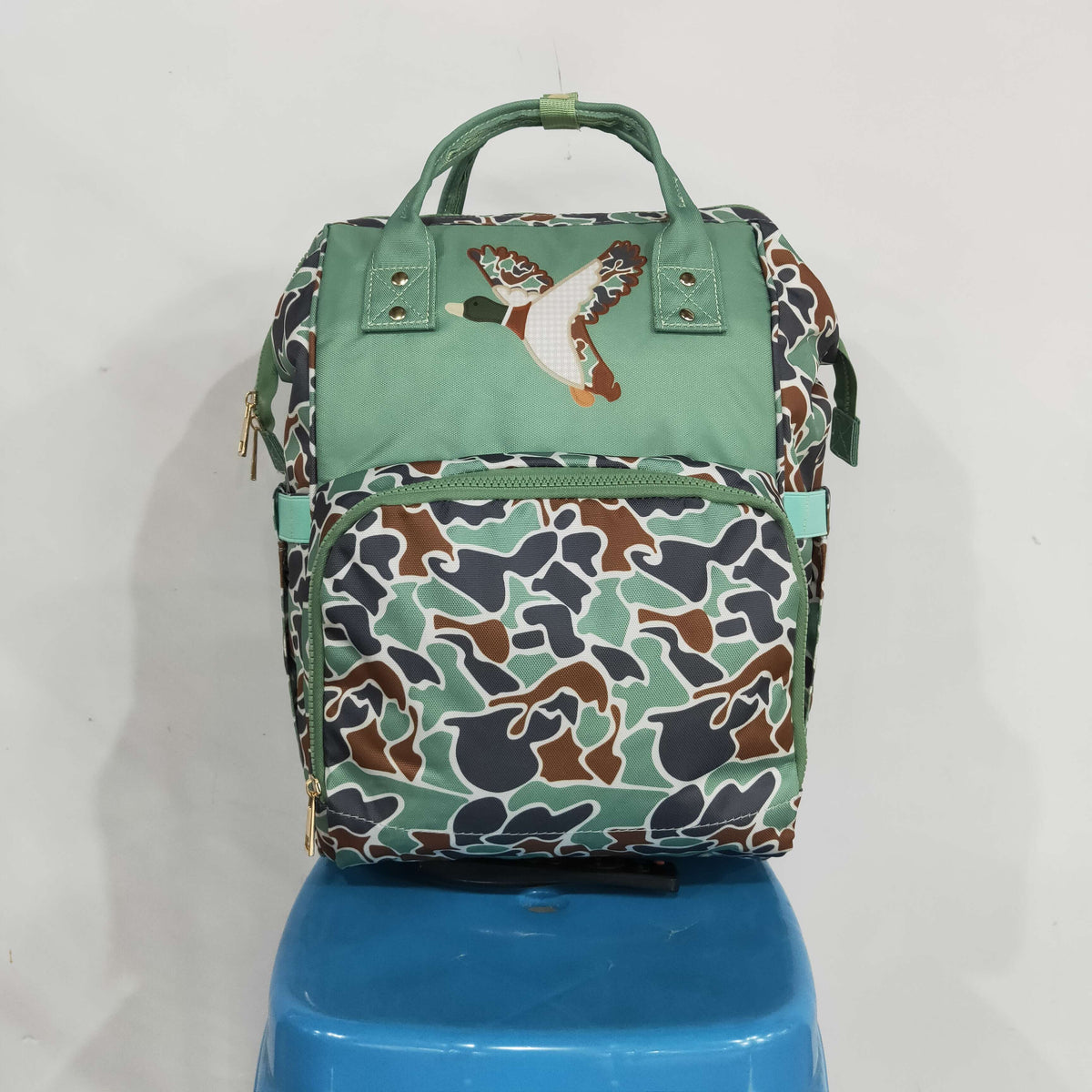NEW RTS NO MOQ Bag BA0404 Embroidery Green Camo Embroidery Ducks Zipper Mommy Diaper Backpacks Bags