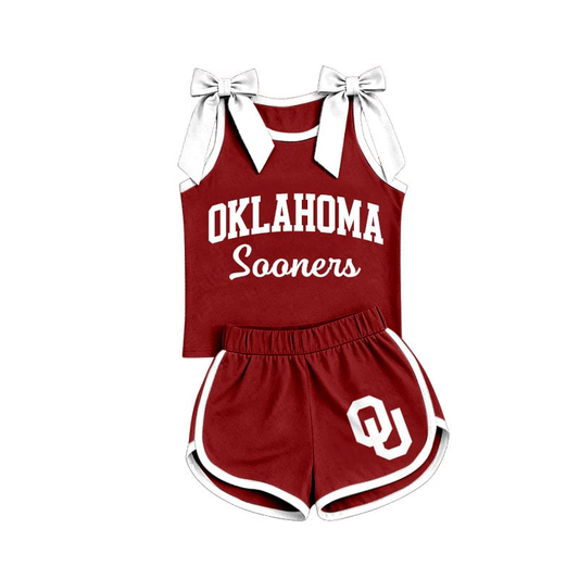 custom moq 5 mix size BALLGS01 Baby Girls White Bow Sleeveless Red Top Shorts Set Summer Outfit
