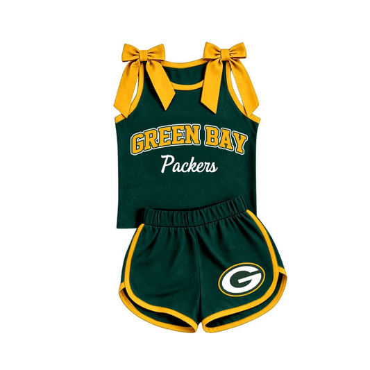 custom moq 5 mix size BALLGS01 Baby Girls Yellow Bow Sleeveless Green Top Shorts Summer Set Casual Clothes