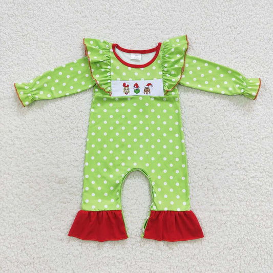 LR0387 Cute Clothes Christmas girl embroidery polka dot green lace long sleeve jumpsuit