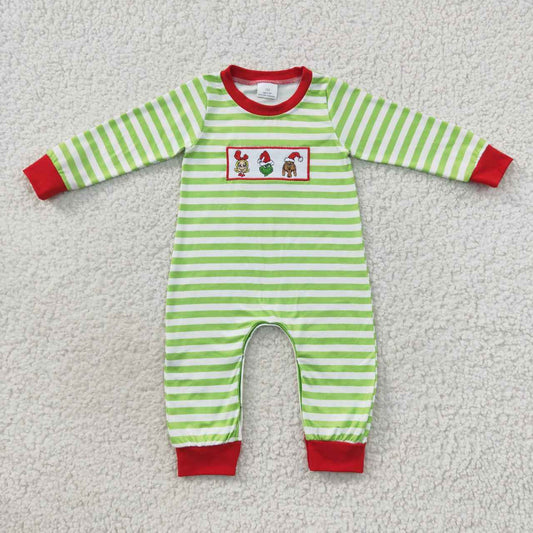 LR0388 Cute Clothes Christmas boy embroidered green striped long-sleeved jumpsuit