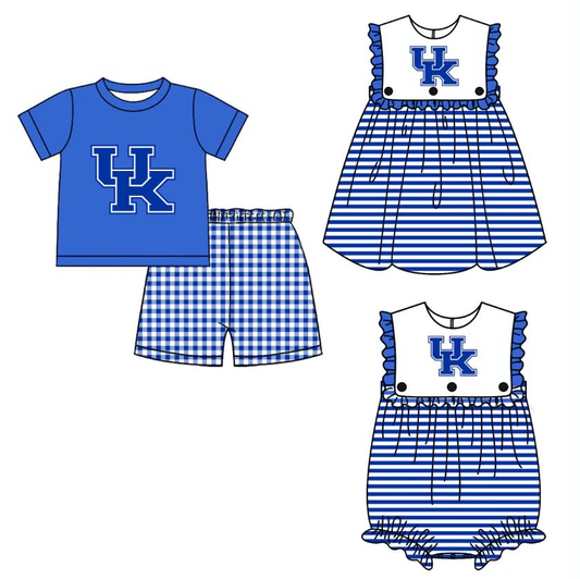 custom moq 5 mix size BC010626 Boys Blue Short Sleeve Shirt Plaid Shorts Sets Matching Girls Blue Striped Sleeveless Romper Dresses