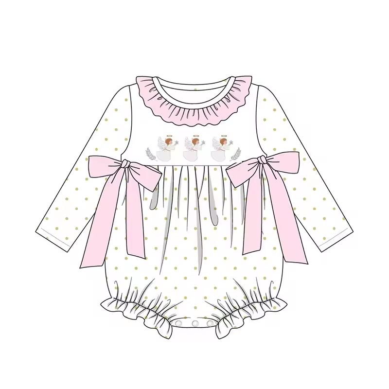 Custom moq 3 eta 6-8weeks Pink lace collar bow angel polka dot short romper
