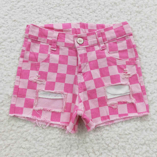 SS0092 Pink Check Denim Shorts
