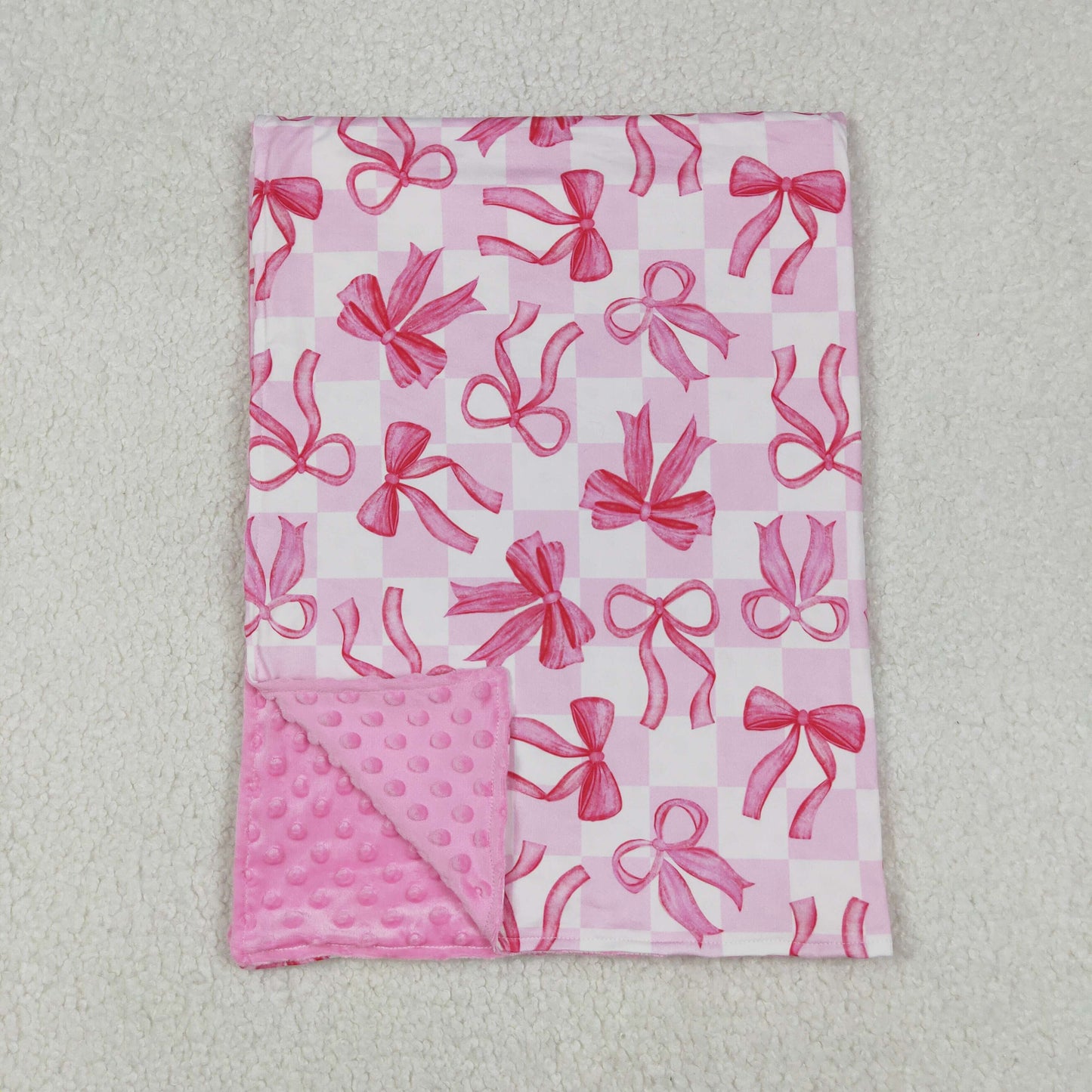 RTSNO MOQ BL0206 Bow Pattern Pink and White Plaid Baby Blanket