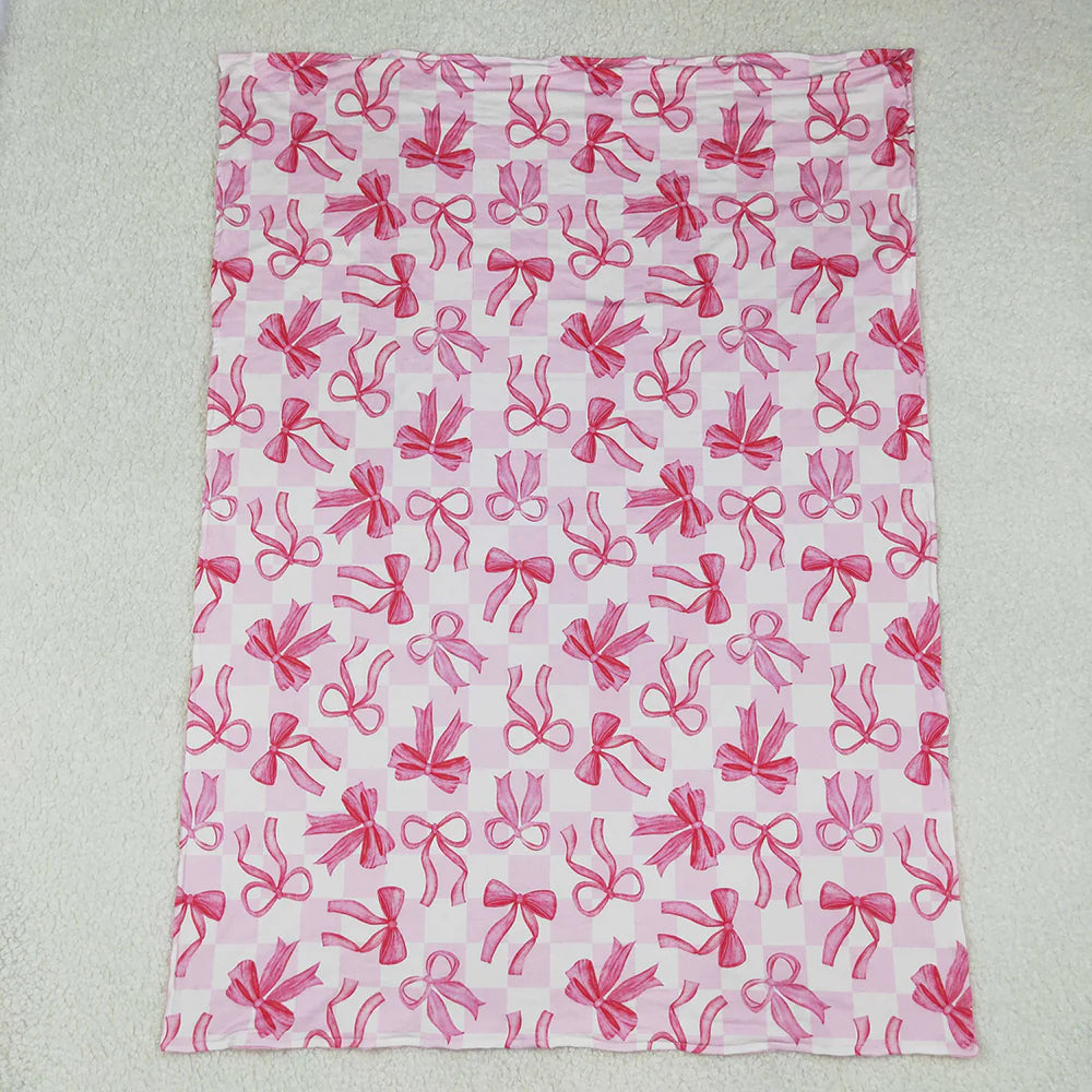 Best Sell RTS Baby Kids Girls Pink Bows Plaid Blanket Soft Warm Cute Blankets for Little Girls Baby Girl Plaid Blanket with Bow