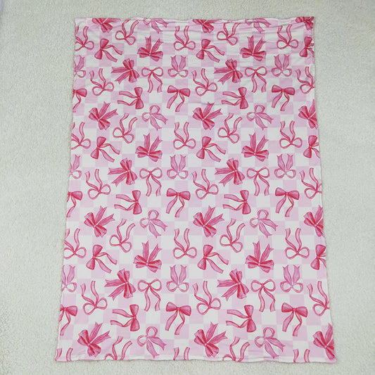 Best Sell RTS Baby Kids Girls Pink Bows Plaid Blanket Soft Warm Cute Blankets for Little Girls Baby Girl Plaid Blanket with Bow