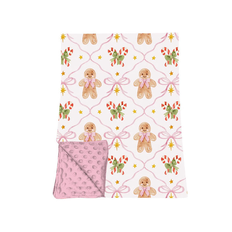 (Preorder new) No moq Kids Pink Gingerbread Man Bow Snowflake Print Minky Dot Back Baby Christmas Blanket