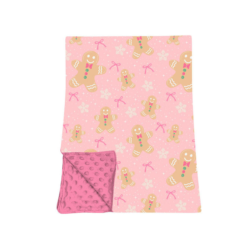 (Preorder new) No moq Kids Pink Gingerbread Man Bow Snowflake Print Minky Dot Back Baby Christmas Blanket