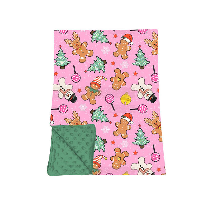 (Preorder new) No moq Kids Pink Gingerbread Man Bow Snowflake Print Minky Dot Back Baby Christmas Blanket