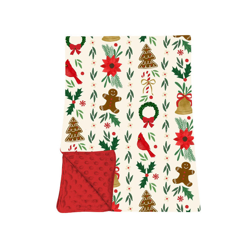 (Preorder new) No moq Kids Pink Gingerbread Man Bow Snowflake Print Minky Dot Back Baby Christmas Blanket
