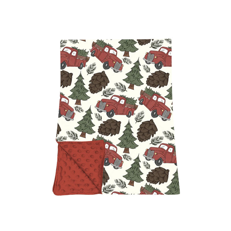 (Preorder new) No moq Boys Red Truck Christmas Tree Pine Cone Print Long Sleeve Matching Pajamas Set Romper Blankets