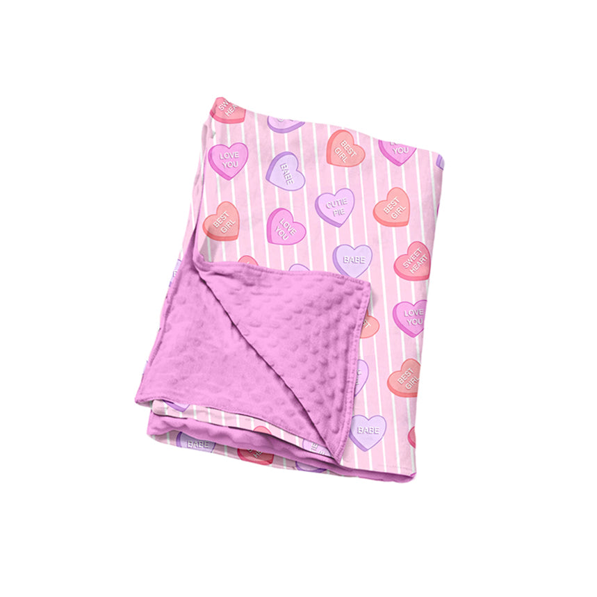 (Preorder new) No moq Baby Girls Pink Valentines Day Candy Heart Stripe Print Collared Button Down Pajama Set With Pink Fur Trim Cuff  Romper Blankets