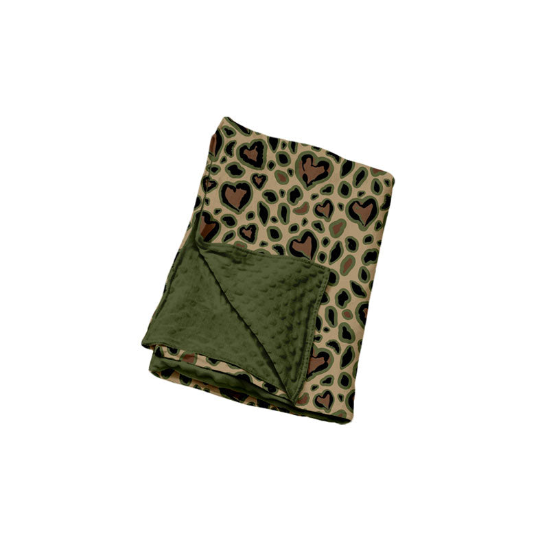 (Preorder new) No moq Adult To Match Kids Green Heart Leopard Print Mock Neck Long Sleeve Romper Sweatshirt Wide Leg Pants And Blanket