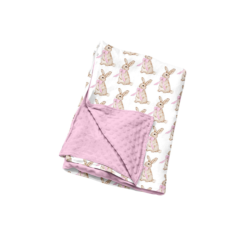 (Preorder new) No moq Baby Girls Pink Bunny Print Bamboo Pajama Set Ruffle Half Zip Sleepwear Minky Blanket