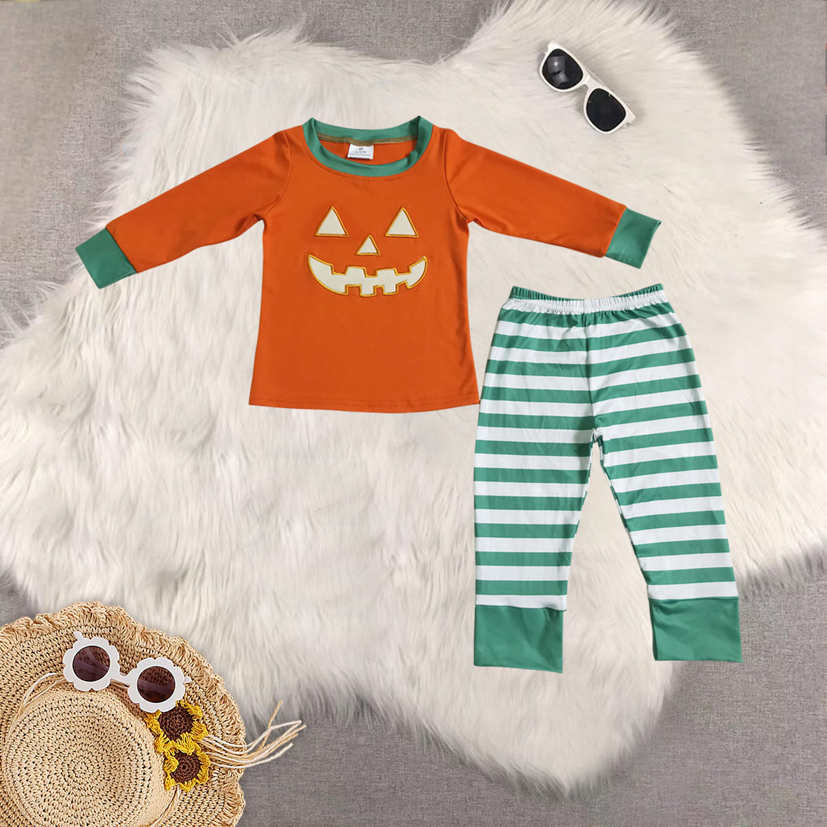 RTS NO MOQ Sibling Baby Girls embroidery halloween Long Sleeve Pants Set