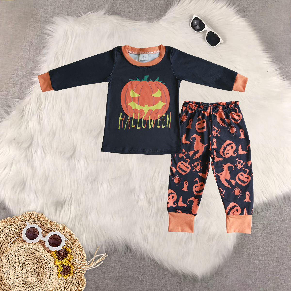 RTS NO MOQ Sibling Baby boy clothes halloween pumpkin Long Sleeve Pants Set