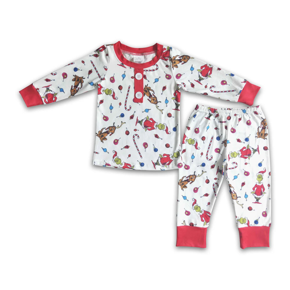 RTS NO MOQ Sibling milk silk Cute Clothes Baby Boys Christmas Candy Print Long Sleeve Top Elastic Waist Pants Two Piece Holiday Pajamas Sets