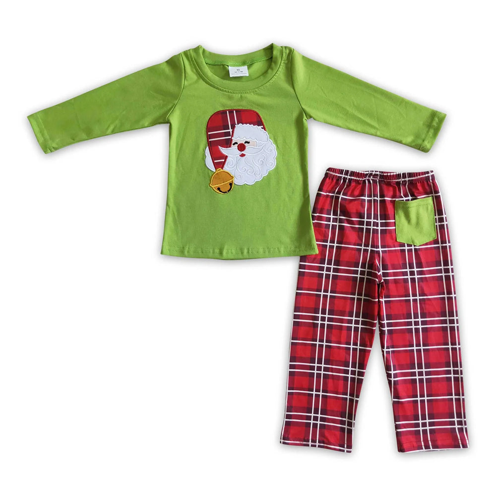 RTS NO MOQ Sibling milk silk Baby Boys Cute Blue Striped Santa Print Top Pants Holiday Photo Matching Outfit Sets